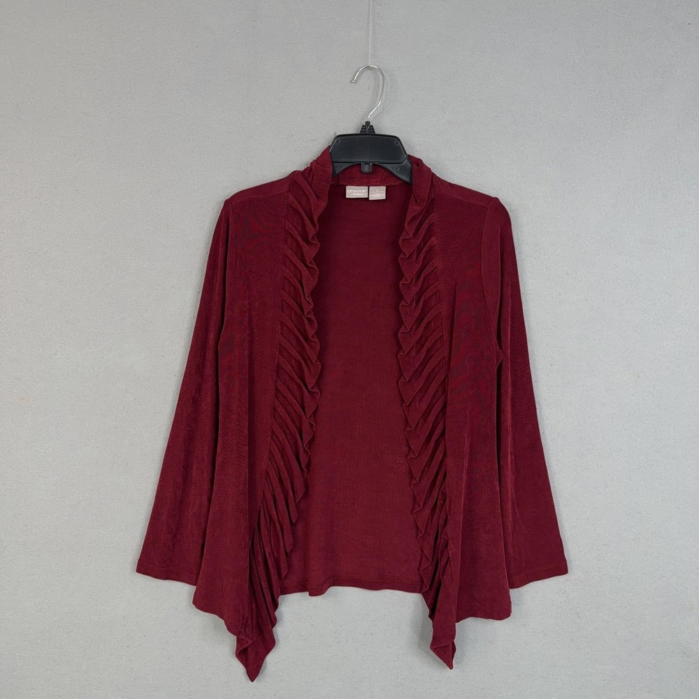 Chicos Sweater Twin Set Womens 0 Red Ruffle Cardigan Tank Travelers Knit Stretch - Picture 6 of 13